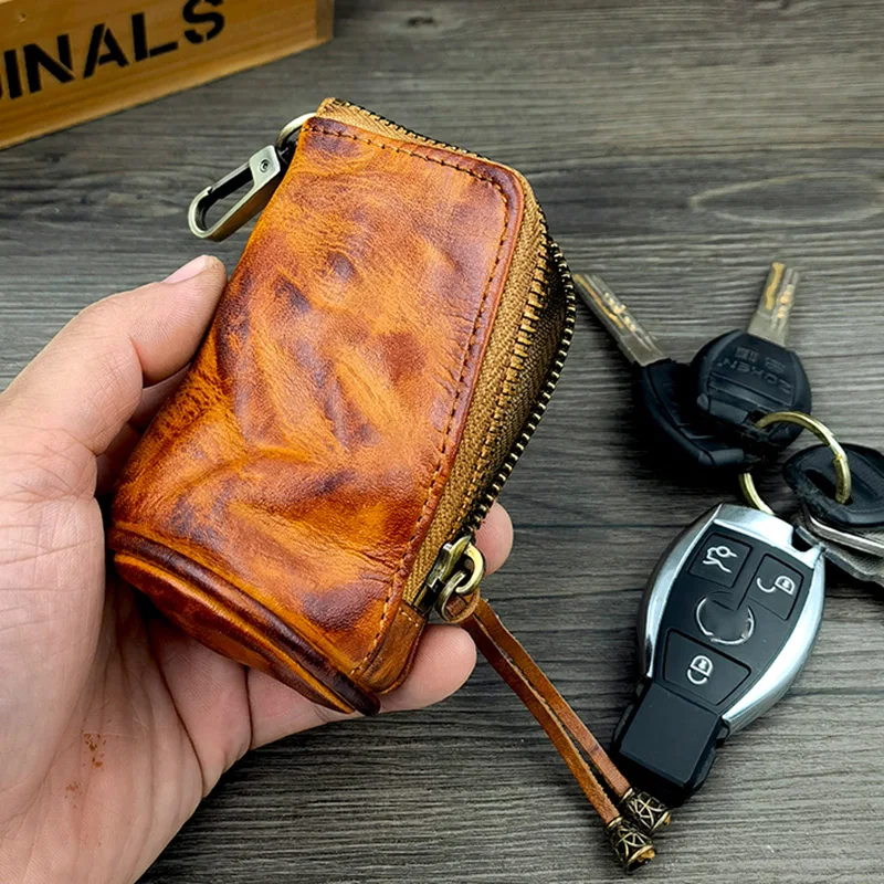 Top Cowhide Car Key Bag Men Women Vintage Zipper Coin Purse Genuine Leather Wallet Card Holde ‌Housekeeper Home Organizer Pouch