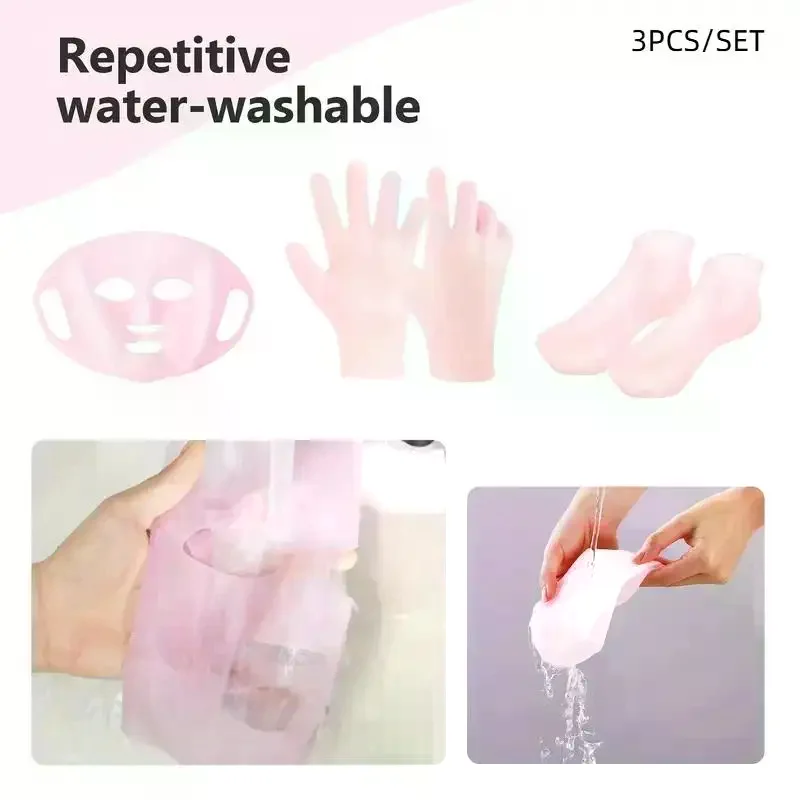 3 قطع/1 زوج/مجموعة العناية بالبشرة من السيليكون - مجموعة قناع ترطيب قابلة لإعادة الاستخدام، قفازات، جوارب - للوجه واليدين والقدمين الجافة والمتشققة