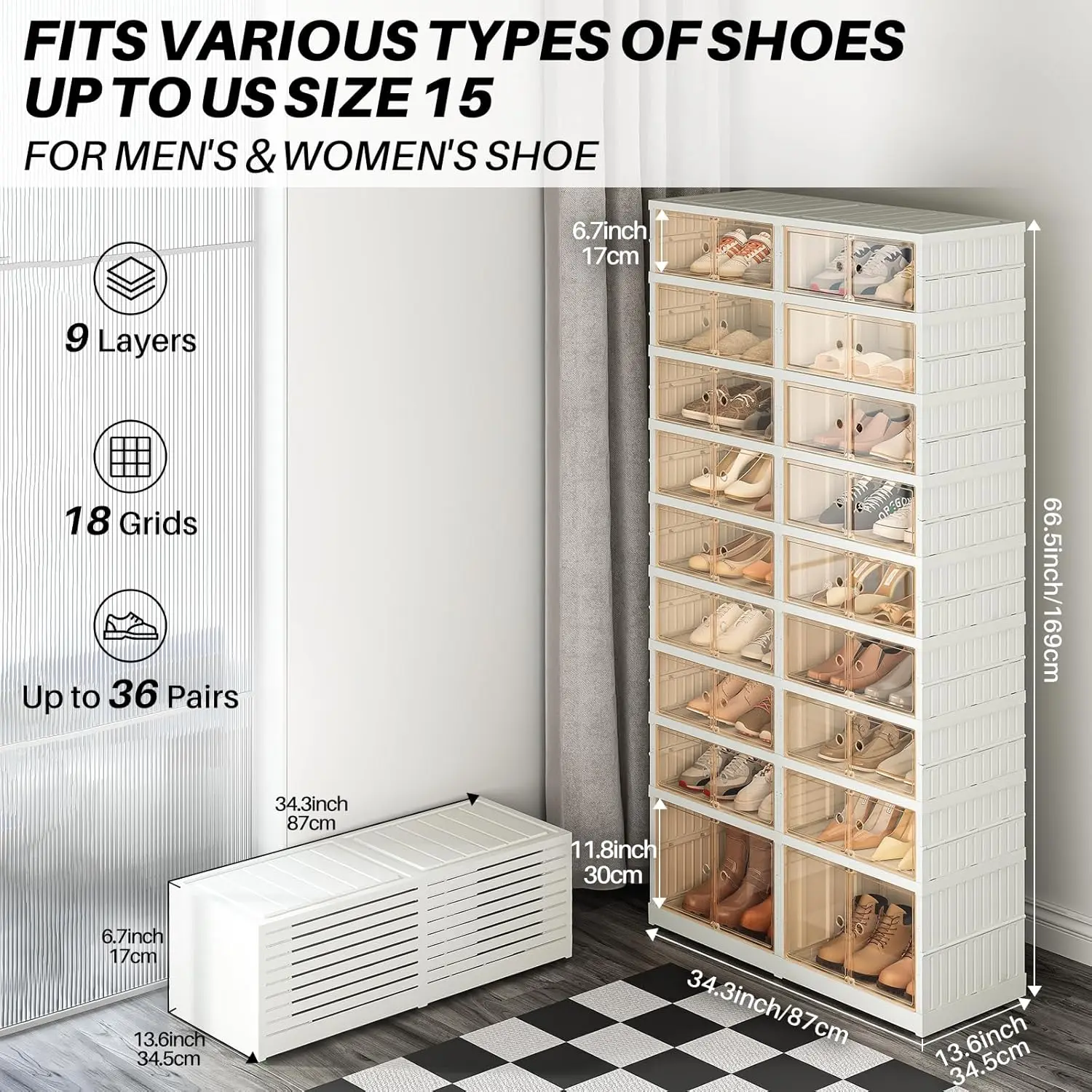 Redlife 9 Tier Foldable Shoe Rack Organizer for Closet, 18-36 Pairs Plastic Shoe Shelf Collapsible Shoes Storage Box