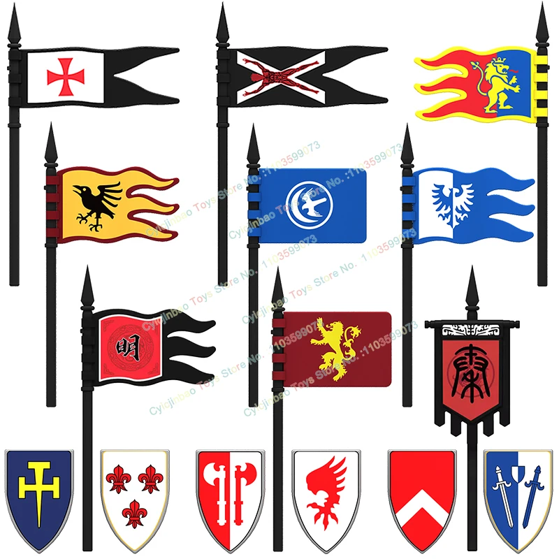 

5PCS Medieval Military Castle Knight Accessories Flags Shields Weapons Building Blocks Toys for Kids PJT044