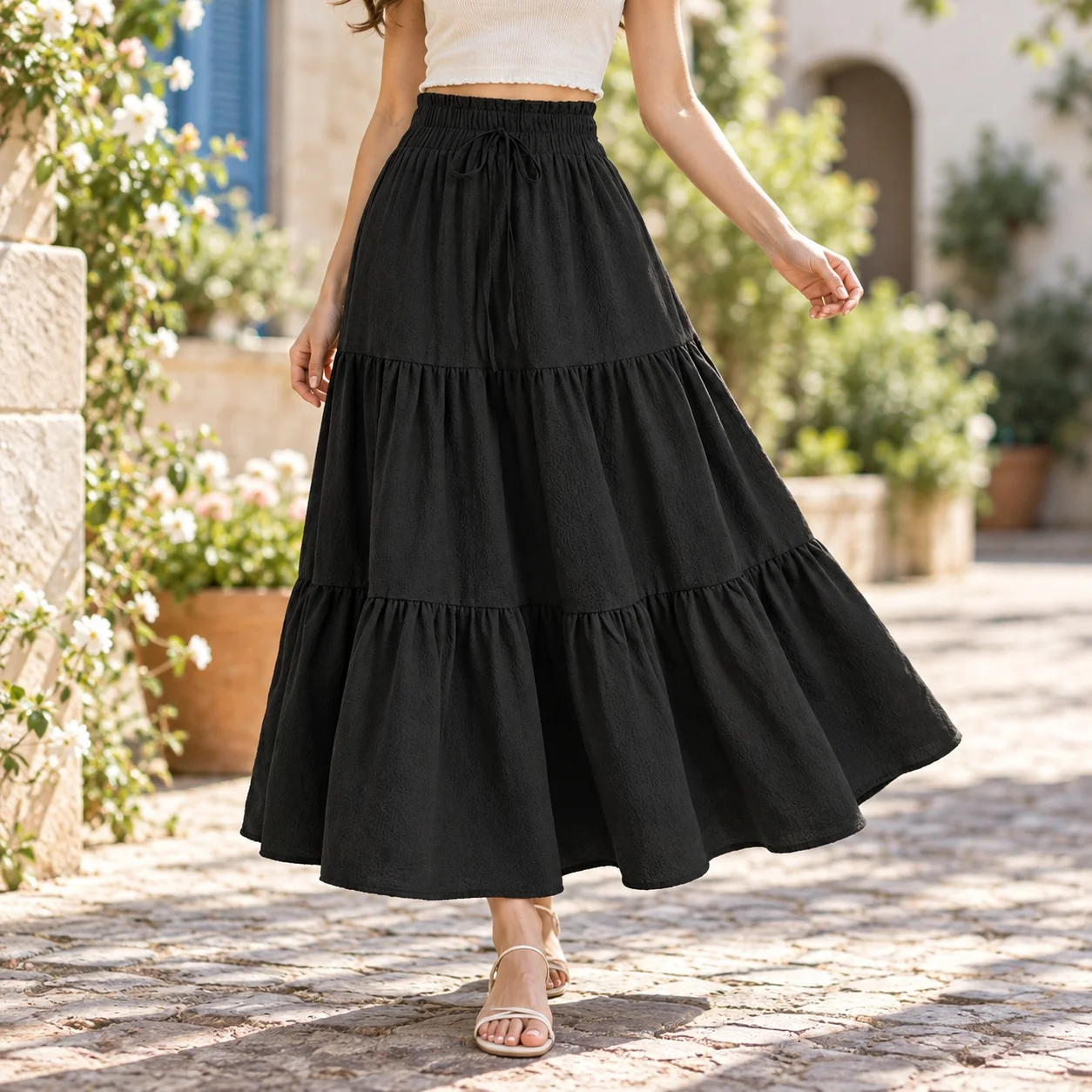 Long Length Tiered Skirt Maxi Length Japanese Korean Casual with Pleated Detail Wrinkle Finish Slight Stretch Summer Women Skirt