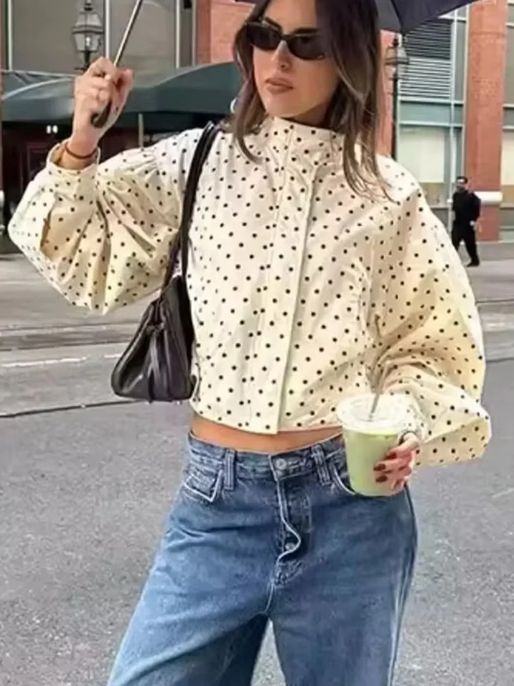 

HH Осенняя женская шикарная короткая куртка на молнии и пуговицах в горошек, женская повседневная куртка с карманами и длинными рукавами Mujer