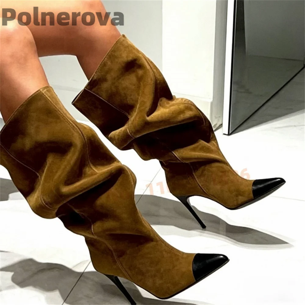 

Коричневые замшевые плиссированные сапоги до колена для женщин, с острым носком, на высоком каблуке, без застежек, длинные, современные, в стиле пэчворк, для вечеринок, новинка 2026 года