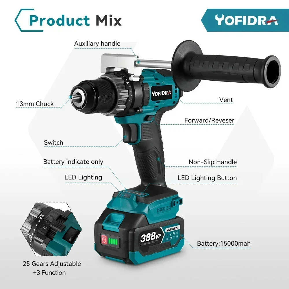 Yofidra 650NM 13MM Brushless Electric Drill 25+3 Torque Cordless Impact Drill Li-ion Electric Screwdriver For Makita 18V Battery