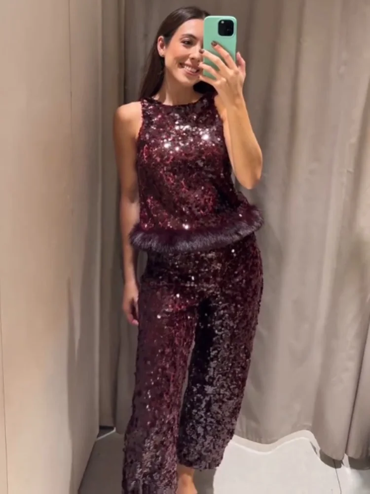 HH Women Fashion Pants Suit Elegant Solid O-Neck Sequined Faux Fur-Effect Hem Top+Casual Elastic Waist  Street Style Bucket Pant