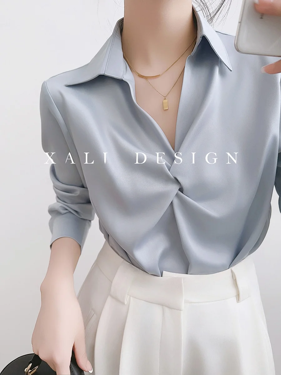 

Ele Blue Satin irt for Women Commute Profional Top OL High-End Feel Straight Cut Long Sve V-Ne Classic Sle