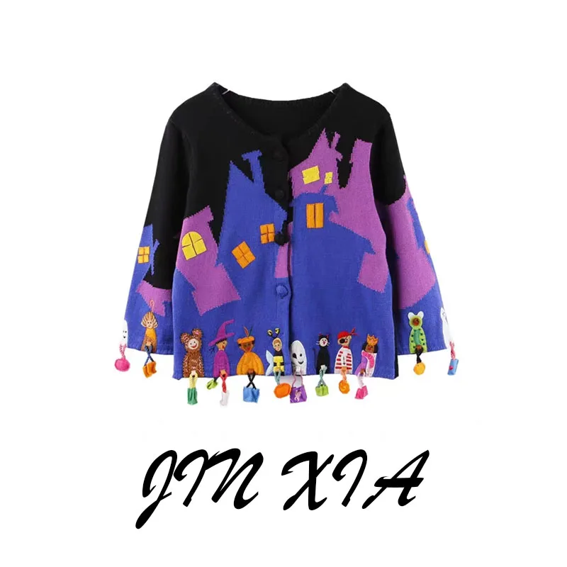 Cárdigan de punto hecho a mano, suéter de lana pesada, casa fantasma de Halloween, elfo, prendas de vestir exteriores de moda para principios de primavera, suéter Premium para mujer