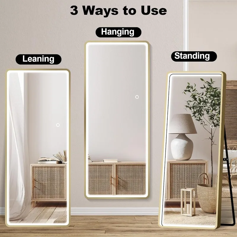 Full Length Standing Mirror with LED Lights,3 Colors Dimmable Lighting Round Rectangle Full Body Mirror, Wall Mirror