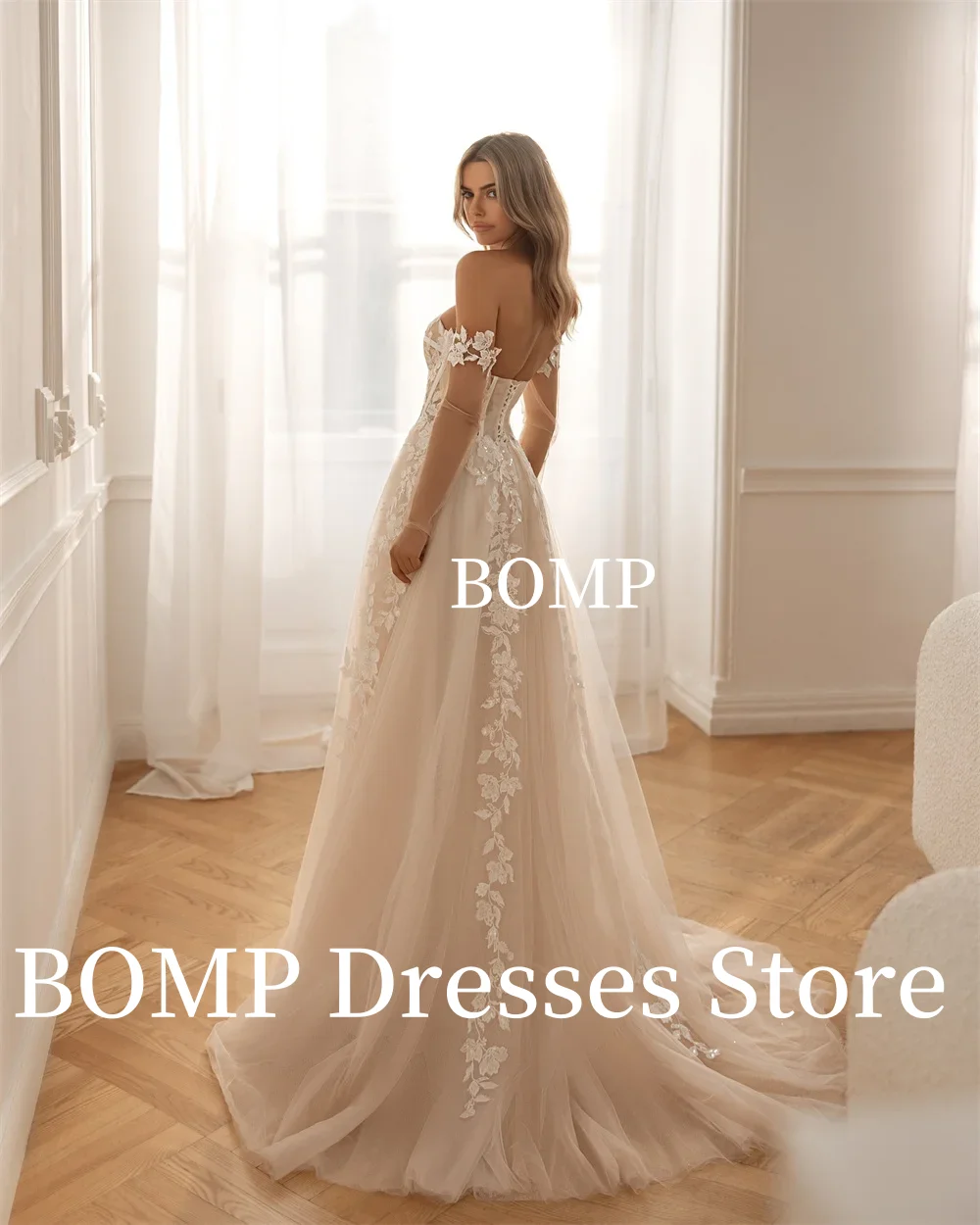 BOMP Schulterfreies Hochzeitskleid mit Spitzenapplikationen, abnehmbaren langen Ärmeln, Vestidos de Novia, A-Linie, seitlich geschlitztes Tüllkleid, individuell gestaltet