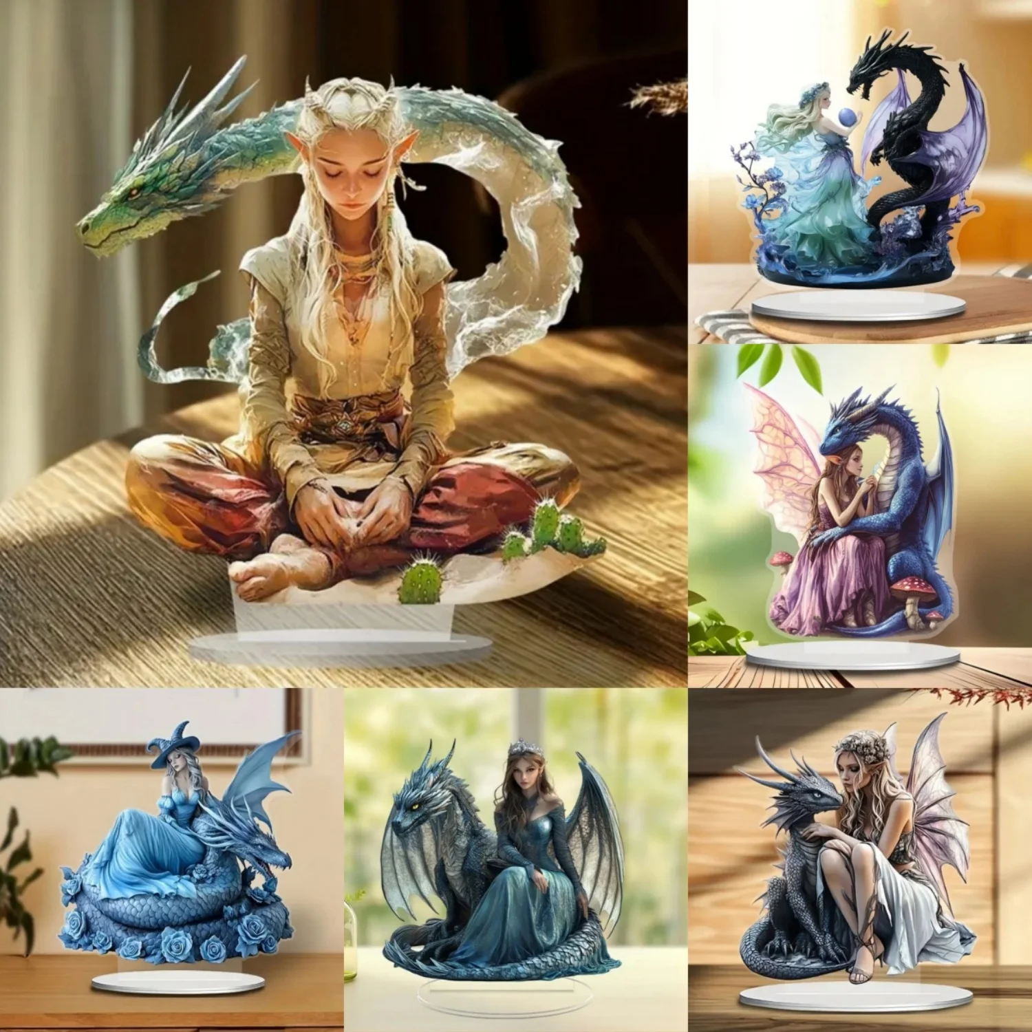 Fairy Elf & Dragon Statue,2D Flat Acrylic Figurine,Home,Office,Cafe,room,Studio,display Case,Table Desktop Ornament Decor Gift