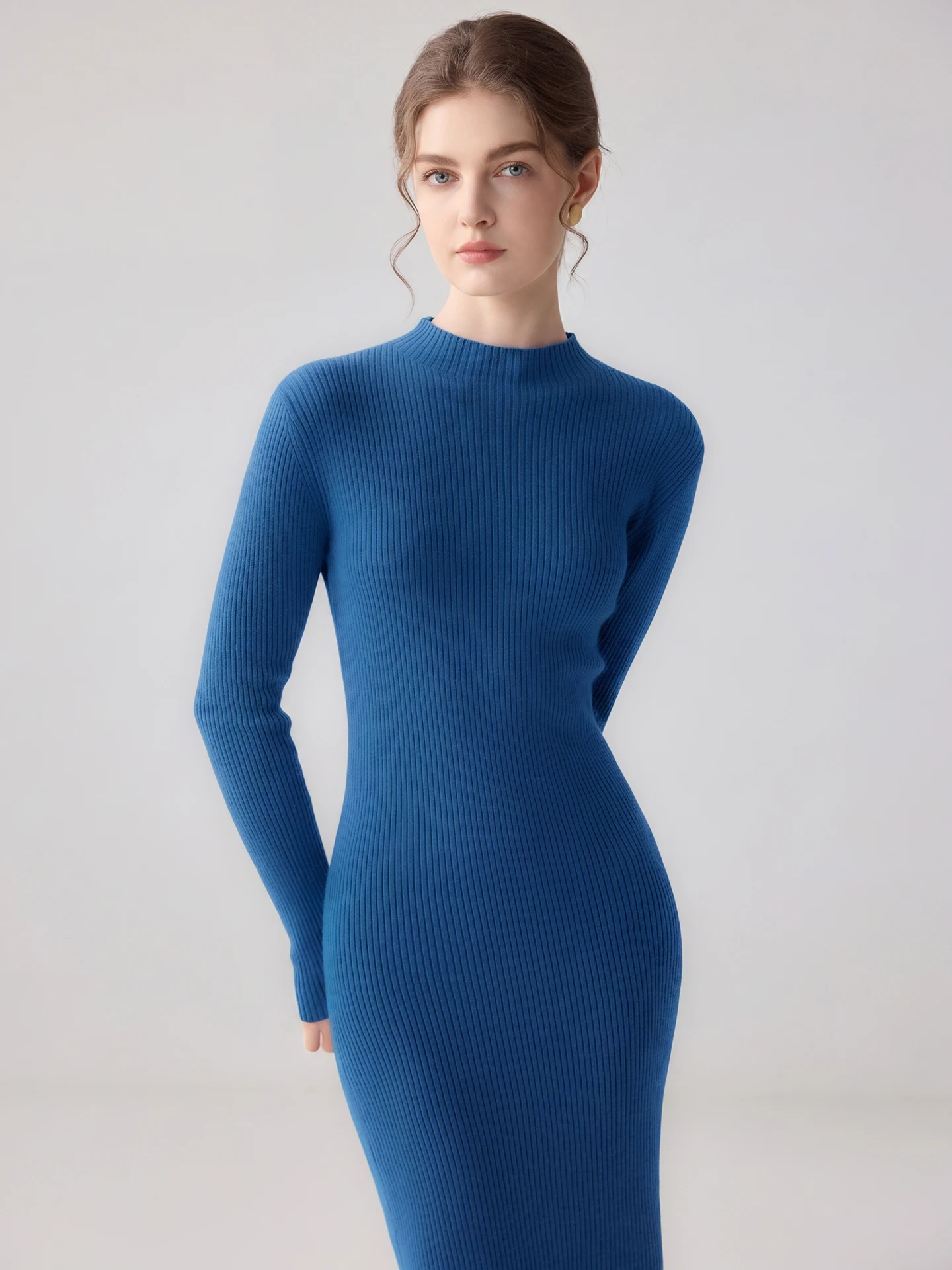 Simple Women's 100% Pure Cashmere Pullover Dress Autumn Winter Half High Collar Slim Fit Mid-calf Knit Dress Light Luxury Skirt
