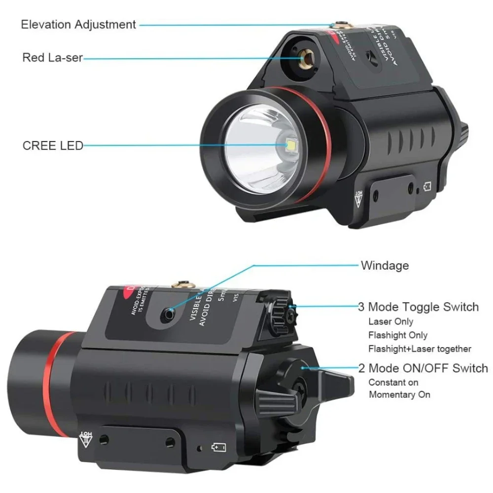 Powerful Tactical Weapon Light 500LM Combo Red 5mw Laser Flashlight with CR123A Battery for Pistol Handgun Rifle