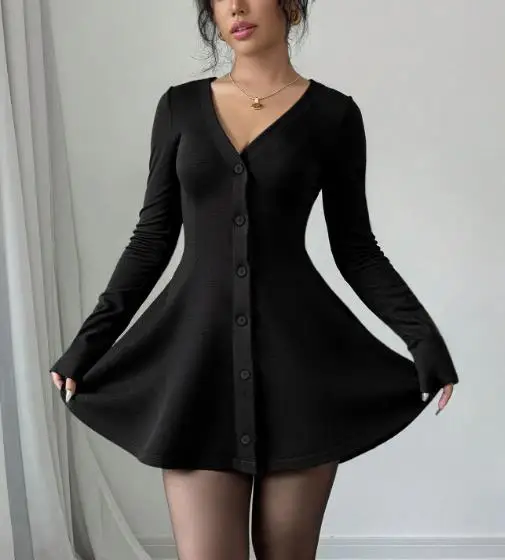 

New Elegant Temperament Style Solid Color V-Neck Button Front Waist Cinching Slim Fit A-Line Knitted Long Sleeved Women's Dress