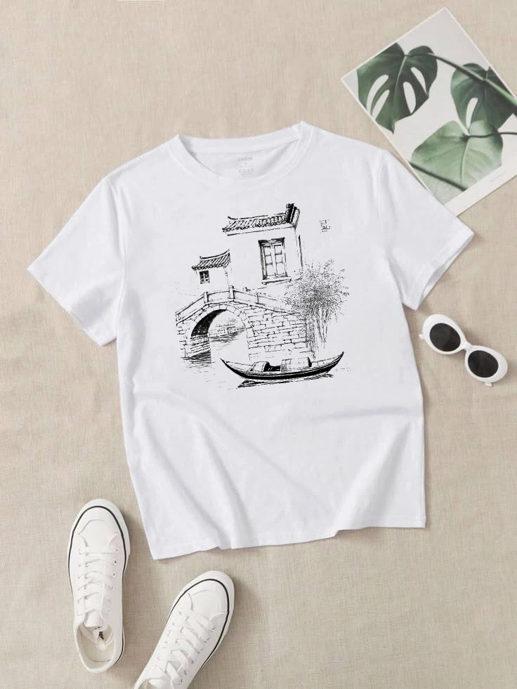 

Women's Short-sleeved T-shirt with Ancient Architectural Stone Bridge Print Loose Fit Couple Style Summer Women's Clothing