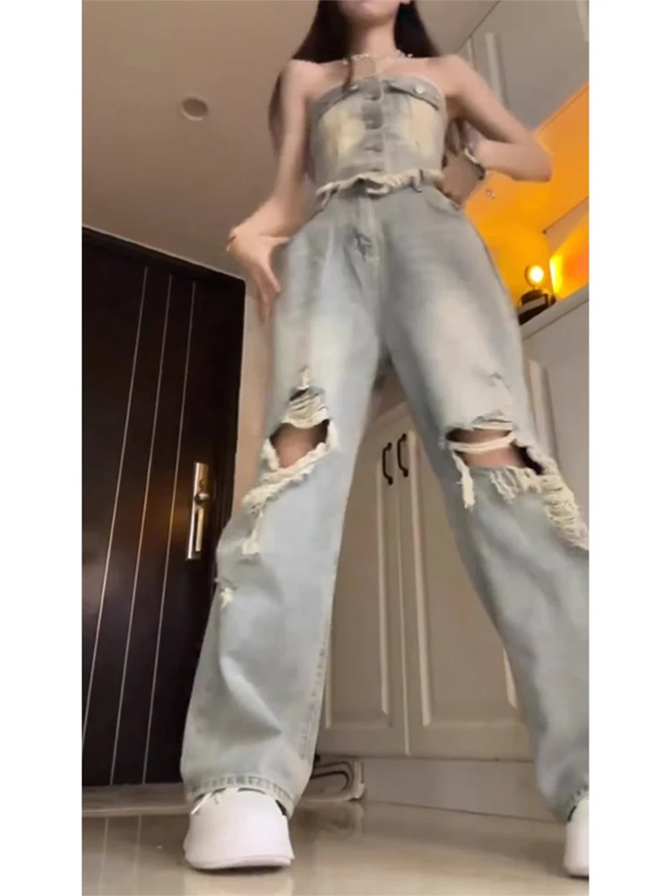 

Джинсы в стиле ретро, женские свободные широкие брюки с высокой талией, сексуальный укороченный топ с кружевной отделкой, комплект из двух предметов, летняя мода