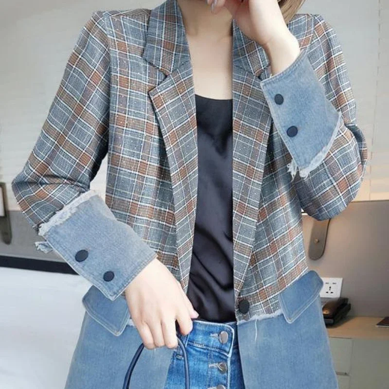 Abbigliamento scozzese capispalla blu blazer da donna cappotti e giacche da donna Check Colorblock in offerta con un elegante stile coreano