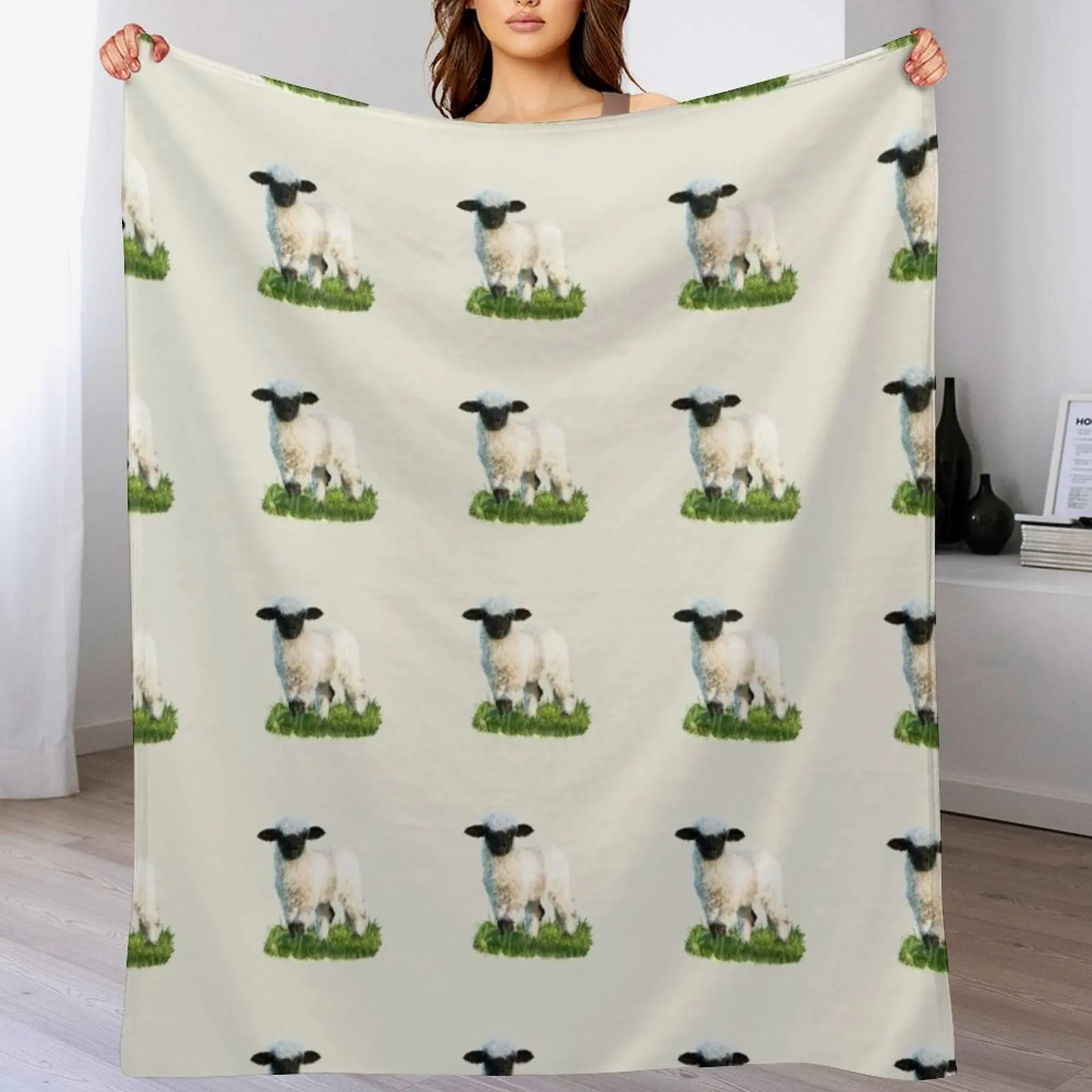 Valais Blacknose Lamb in a Meadow Throw Blanket Personalized Gift Luxury Brand Sofa Blankets