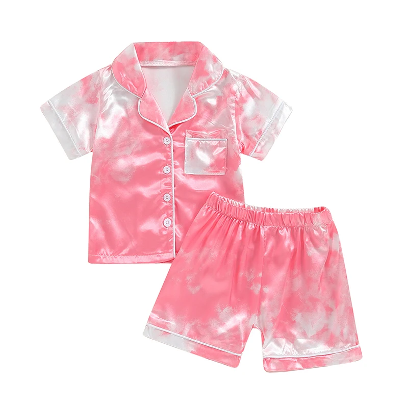 

Toddler Girl Satin Silk Pajamas Short Sleeve Button Down Shirt Shorts Tie Dye 2 Piece Summer Pjs Set Cute Sleepwear