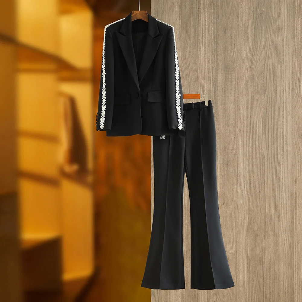 Traje negro de cristal de lujo para mujer, conjunto de 2 piezas, chaqueta, Blazer, ropa de trabajo para mujer, abrigo, vestido de graduación de una sola botonadura, Primavera