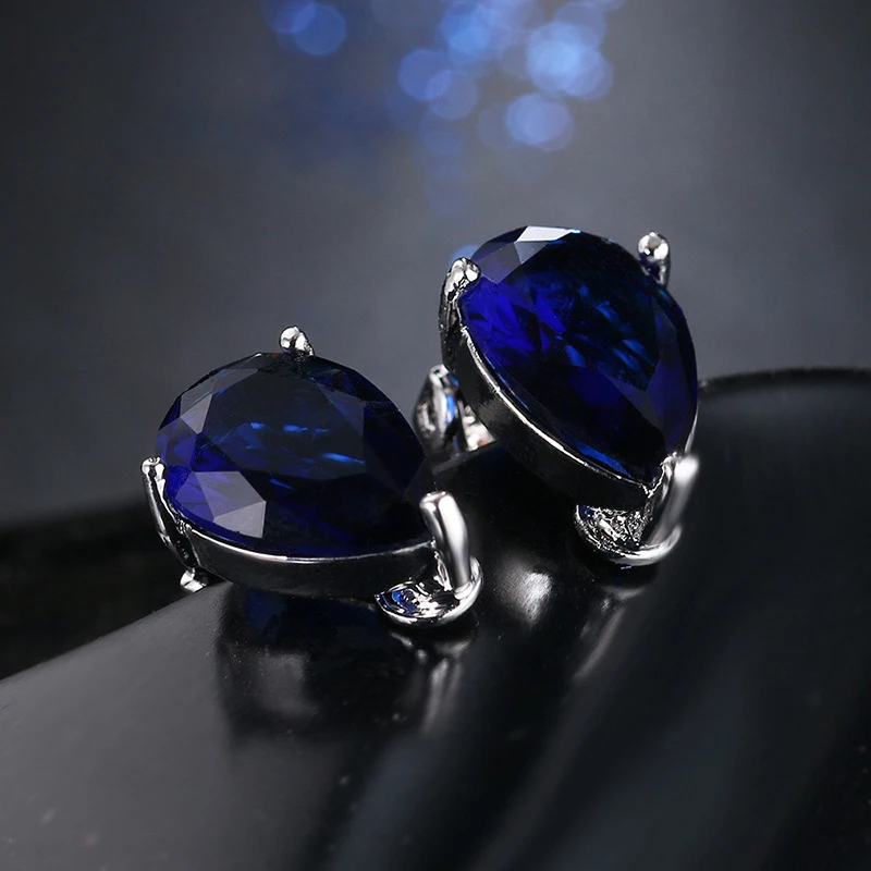 Classic Teardrop Cubic Zirconia Clip on Earrings Non Pierced for Women Crystal Elegant Blue Stone Earrings Wedding Party Gift