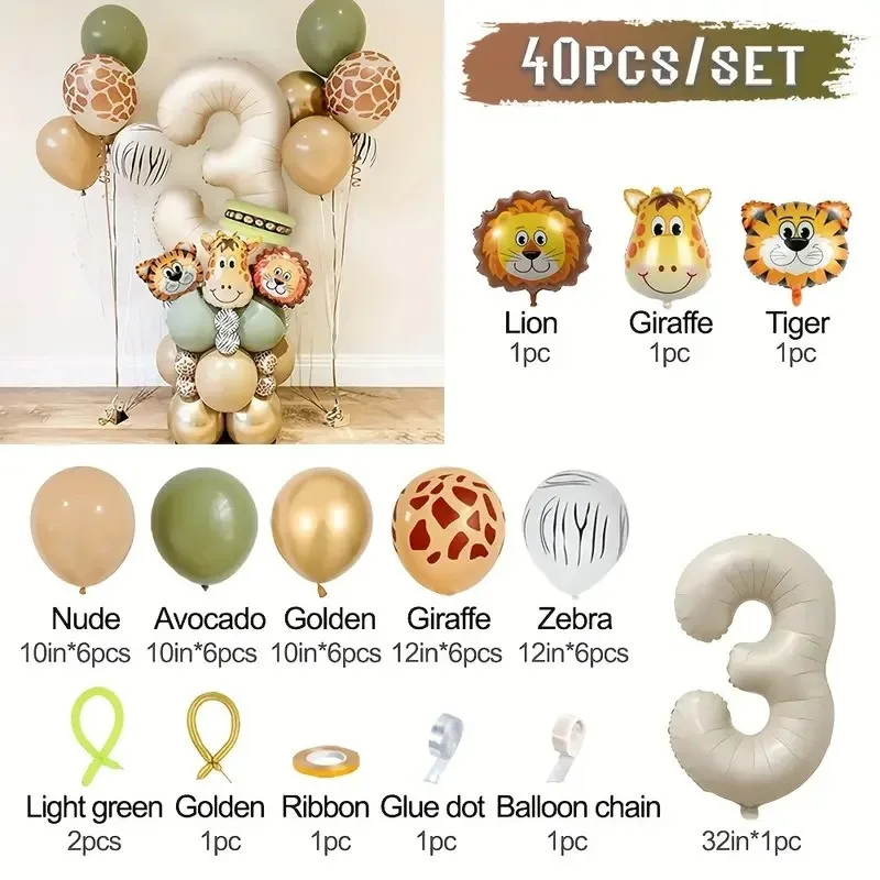 40 Stück Neue Dschungel-Retro-Tierballons für Kindergeburtstage, Nummer 12345 Party-Dekorationsset mit Zahlen-Säulen, Tiger, Löwe – Detail 3