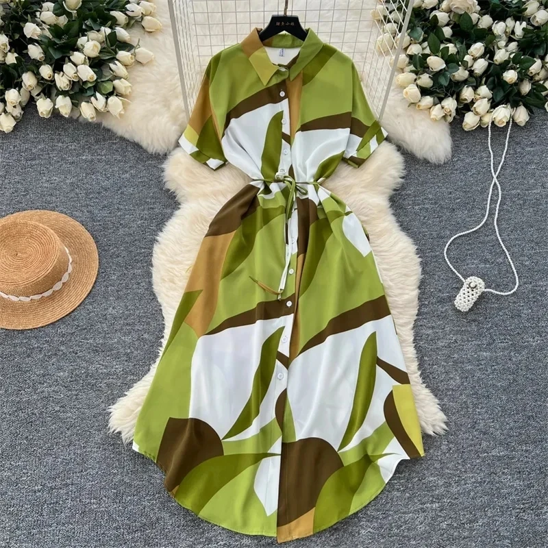 Women Dress 2025 Fashion Print Floral A-line Shirt Dress Elegant Vintage Off Lady Summer Dress with Belt Casual Vestidos