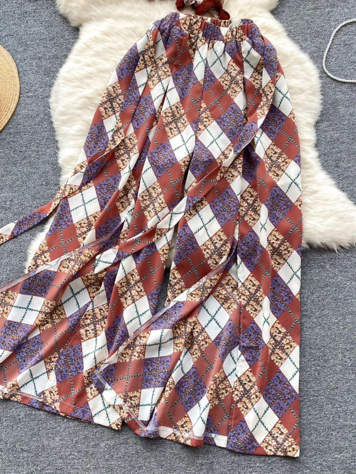 n Vaion Sle Ensemble deux pièces top tricoté ort polyvalent rétro motif diamant pantalon à jambes larges Ensemble Faionable