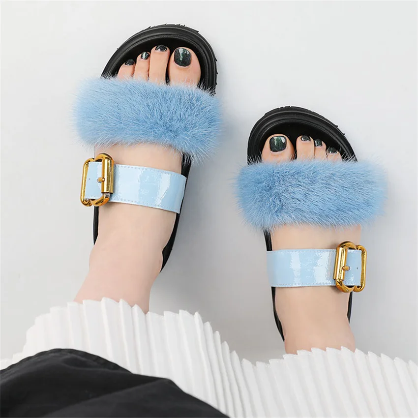 

Summer Mink Fur Slippers Shoes For Women Flip Flops Real Fur Slippers For Home Women's Flats Slippers Ladies Fluffy Female Shoes