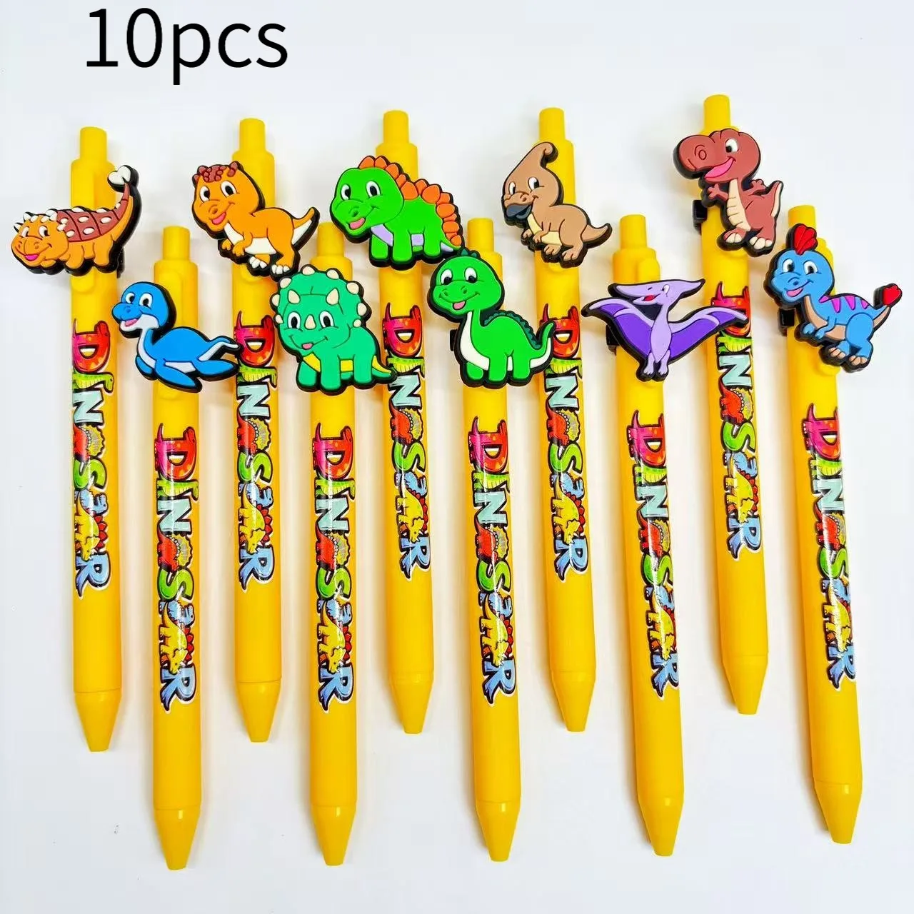 10pcs dinosaur themed press ballpoint pen, yellow pen holder, ink quick drying ballpoint pen, student writing pen