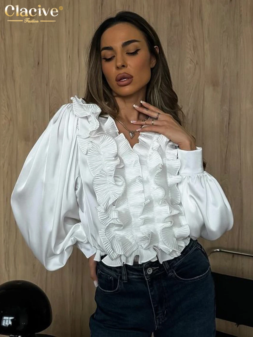 

Clacive Fashion Loose White Satin Women's Shirt 2025 Casual V-Neck Long Sleeve Blouse Elegant Ruffle Solid Top Female Clothing