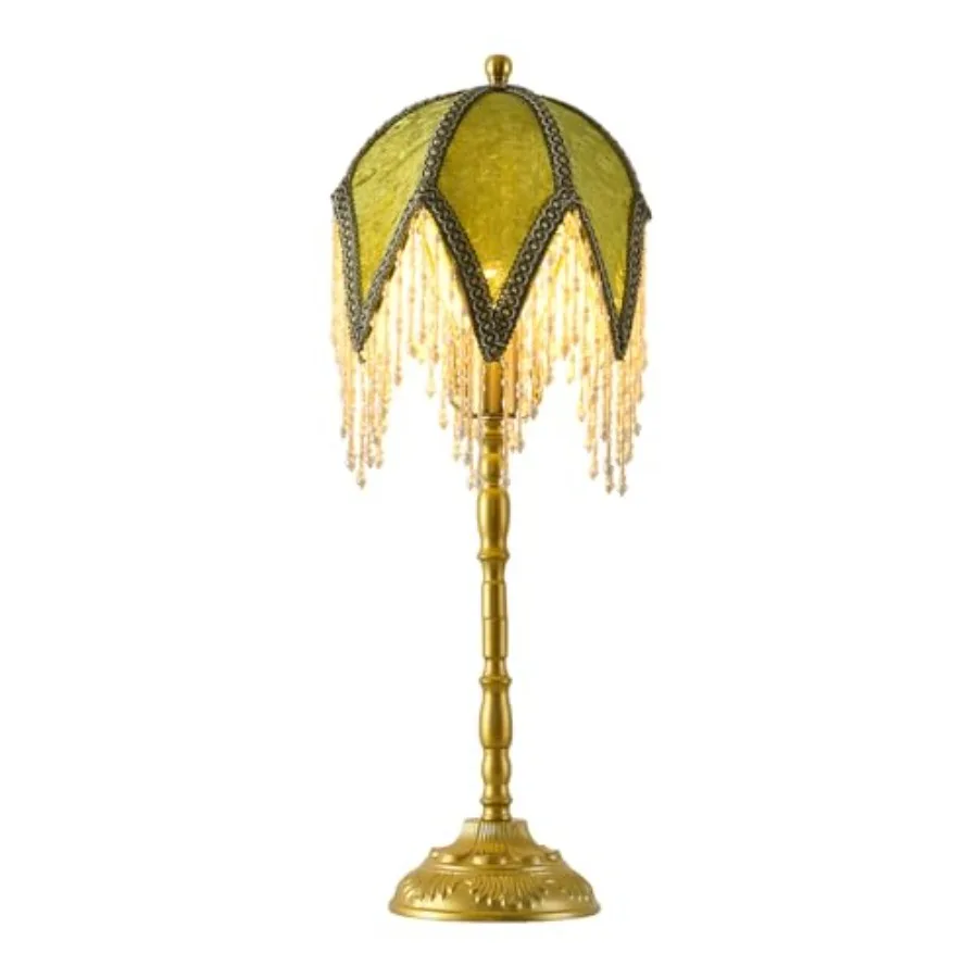 

Vintage Tasselled Table Lamp with Beaded Shade 3 Color Temperatures Green and Gold Victorian Style-C