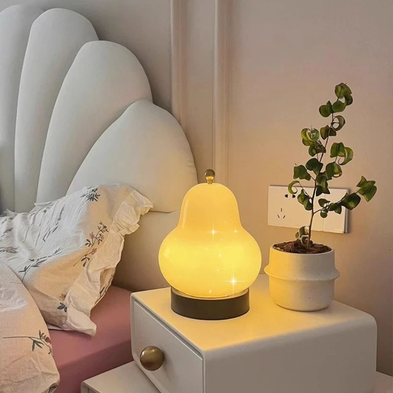 Medieval French Cream Pear Table Lamp Bedroom Bedside Study Living Room Charging Touch Portable Atmosphere LED Decor Night Light