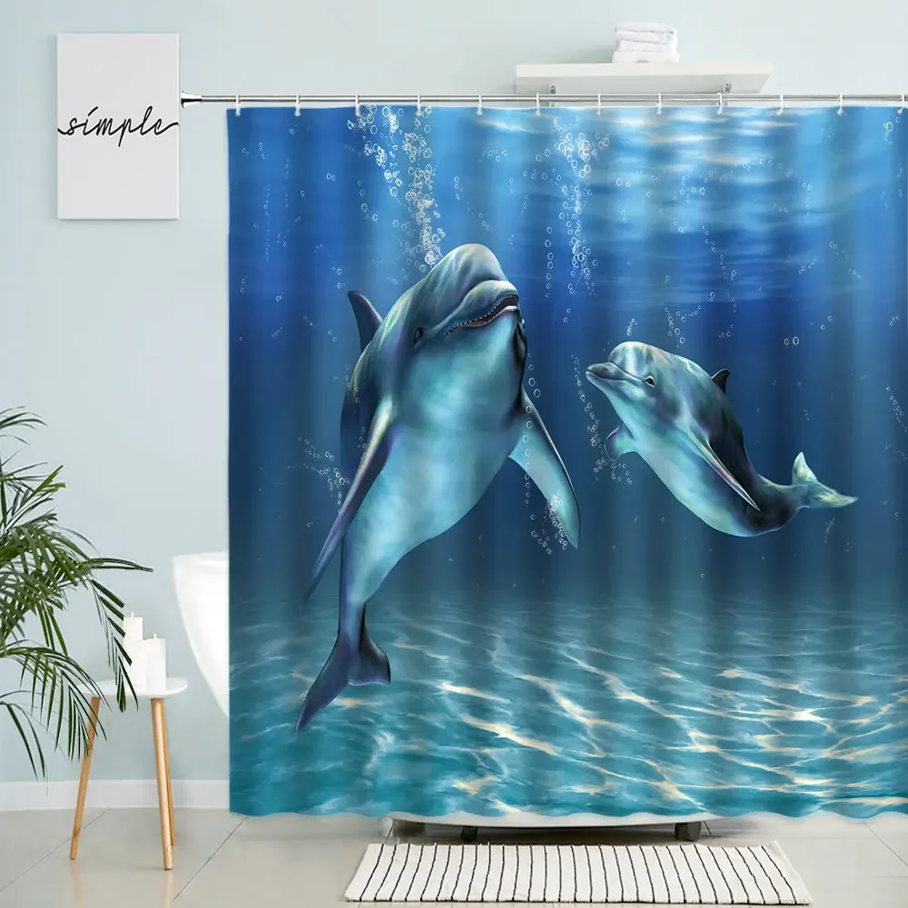 Couples Dolphin Shower Curtain Ocean Waves Whale Marine Animals Natural Scenery Bathroom Waterproof Polyester Screen Home Decor