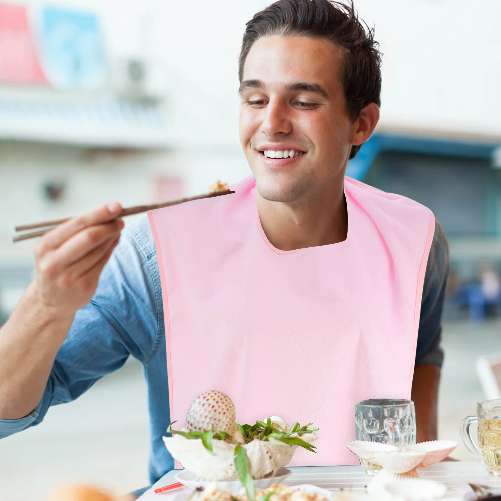 

Waterproof Anti-Stain Adult Bib Light Pink Soft Durable Clothes Protector For Eating Dining Elderly Care Mealtime Spills