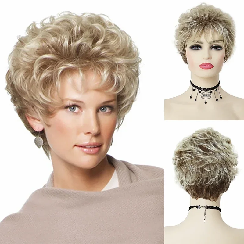 GNIMEGIL Synthetic Wig for Women with Natural Hair Cut Fashion Fluffy Short Curly Wig Daily Cosplay Party Use Blonde Mommy Wig