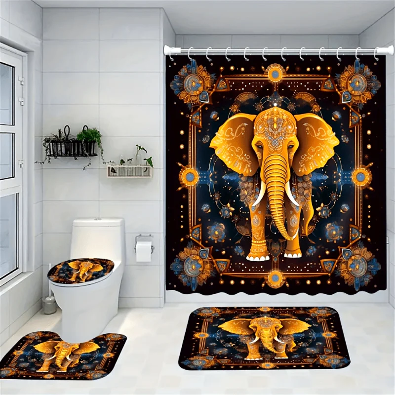 1/4pcs Golden Elephant Print Creative Shower Curtain Set, Decorative Bathroom Set Including Waterproof Shower Curtain, Non-slip