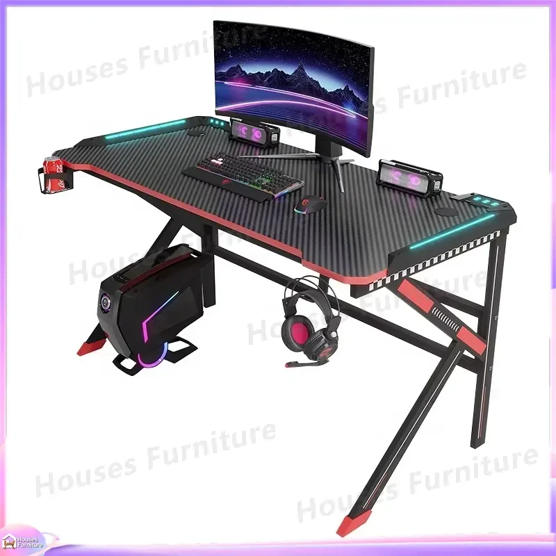 Large Black Metal Height Adjustable LED Gaming Desk for Laptop PC Computer with Cable Management Racing Style