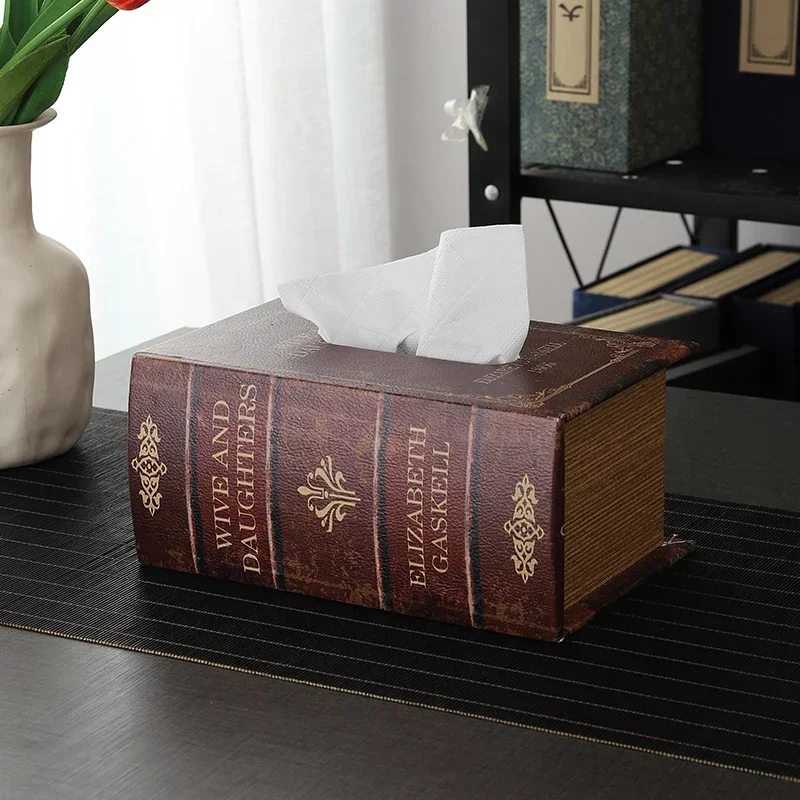 Retro Wooden Simulation Book Tissue Box Desktop High-end Sense Drawer Paper Box Leather Napkin Paper Box