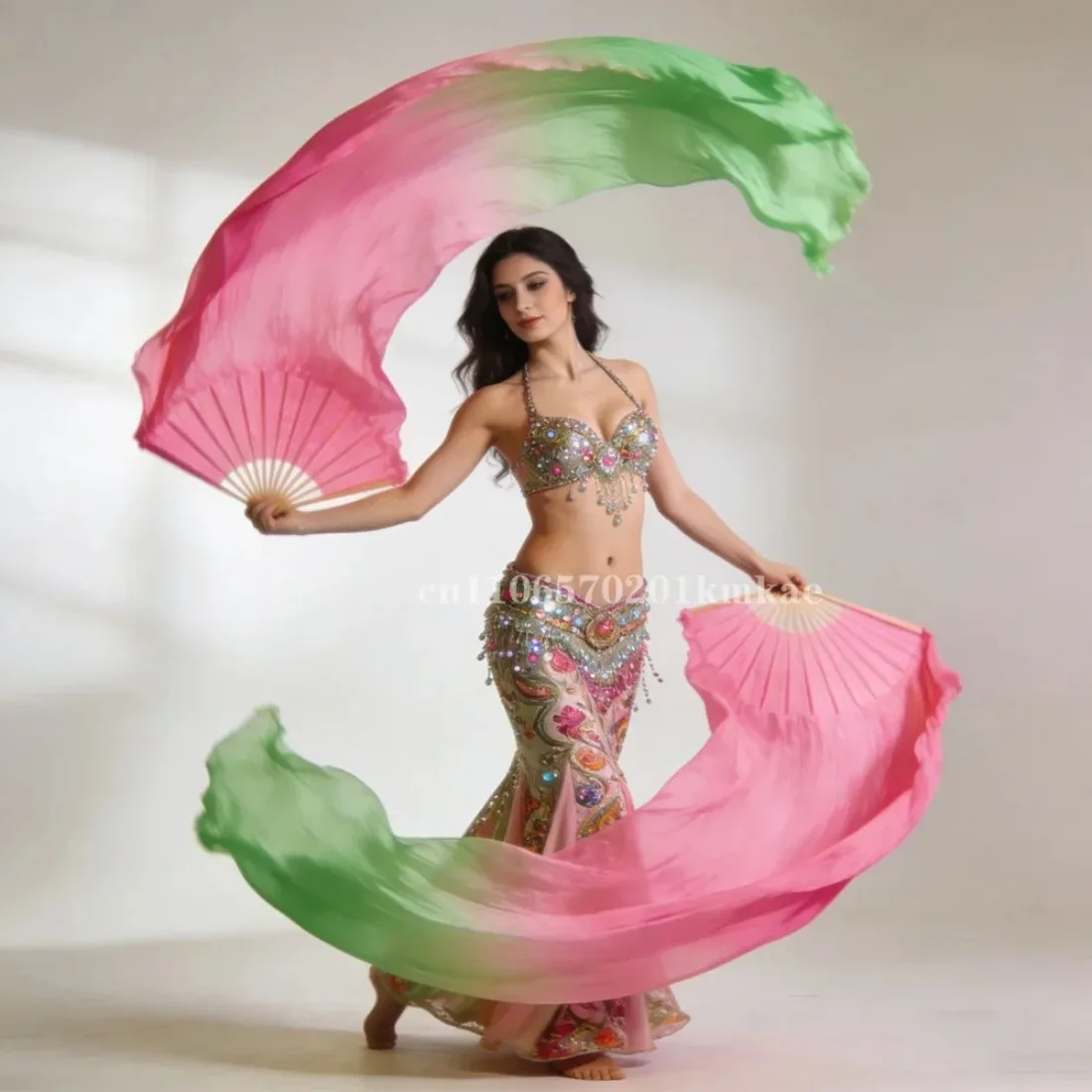 Professional Dance Fan Veils Real Silk 1 Pair Gradient Oriental Dance Fan Veil Belly Dance Stage Show Prop Church Worship