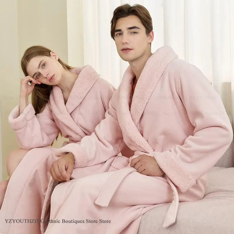 

Thicken Warm Flannel Couple Long Robe Bathrobe Kimono Gown Elegant Femael Sleepwear Negligee Loose Coral Fleece Homewear Pajama