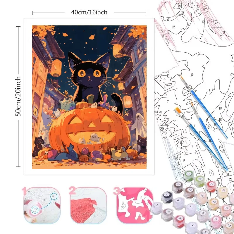 Oil Painting By Numbers Kits Halloween Cartoon Ghost and Black Cat  Number Drawing Canvas DIY Pictures By Numbers Home Decor