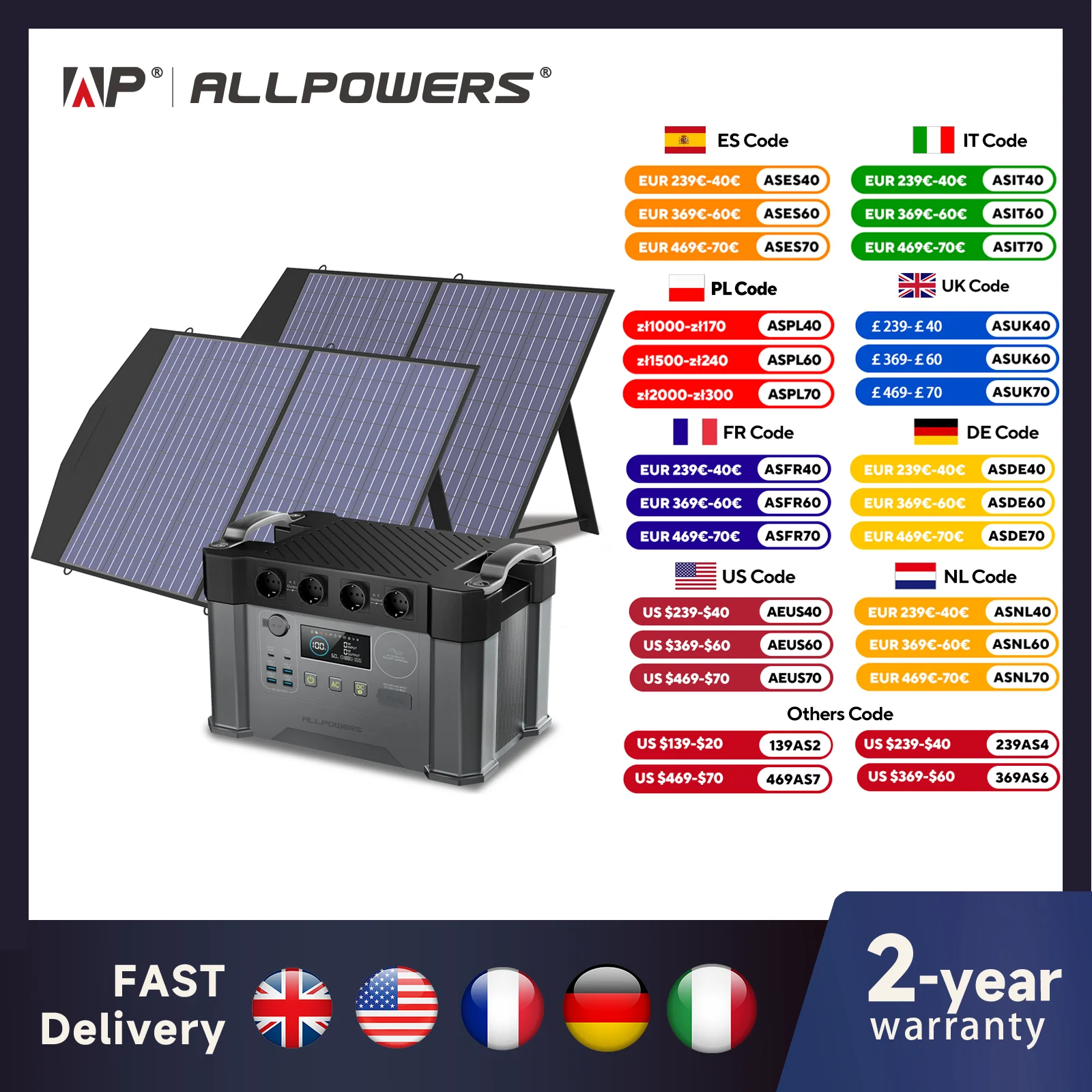 ALLPOWERS S2000 Pro Outdoor Generator 2400W MPPT Portable Power Station with 4X100W  Folable Solar Panels for RV Camping, Home