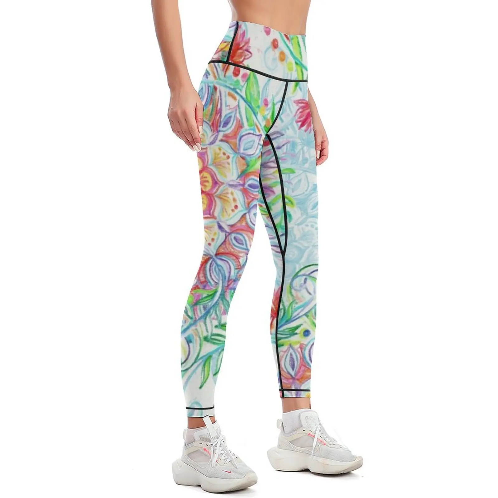 Messy Boho Floral in Rainbow Hues Leggings flared gym pants Womens Leggings