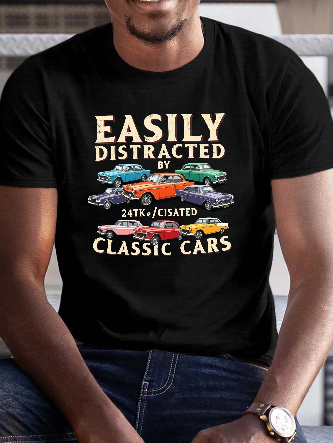 Classic Car Easily Distracted Large Size Men's T-Shirt - Casual Crew Neck, Short Sleeves, Lightweight Fabric, Summer Style, Regular Fit, Casual Adult T-Shirt, Vintage Car Design, Lightweight T-Shirt