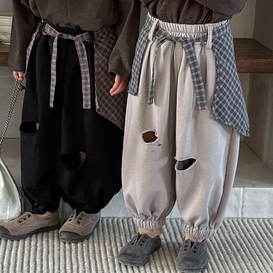 Pants 2026 Spring and Summer New Childrens Clothing Korean Style Boys and Girls Plaid Fart Curtain Solid Color Broken Pants