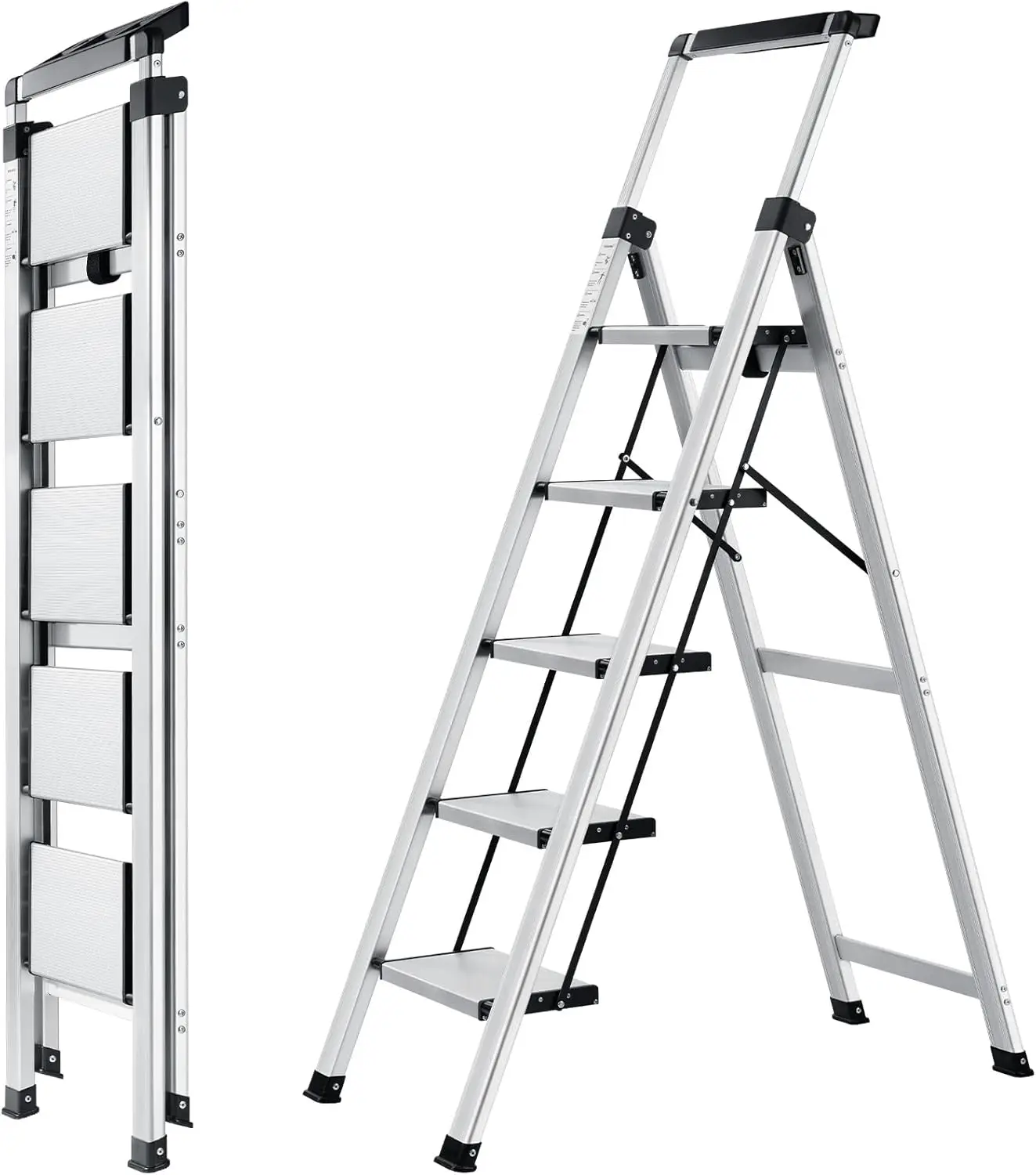 5 Step Ladder, Retractable Folding Step Stool with Anti-Slip Wide Pedal, Aluminum Stool Ladders 5 Steps, 330lb