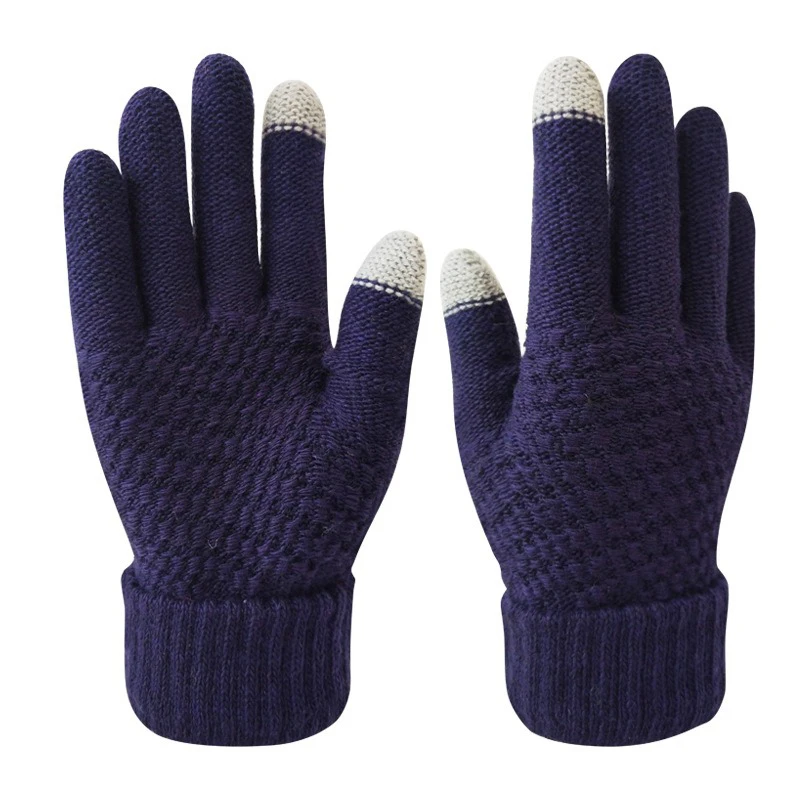 Men Women Winter Knit Full‑finger Gloves 2‑Finger Sensitive Touchscreen Block Weave Textured Fabric Elastic Rib Cuff Cold‑proof