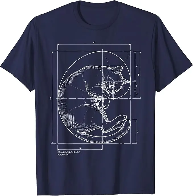 Fibonacci Spiral Cat Blueprint Sacred Geometry Math Teacher T-Shirt Y2k Art Choice for STEM Graphic Apparel Soft Cotton T Shirts