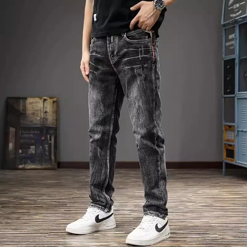 

Italian Style Fashion Men Jeans Retro Black Gray Slim Fit Ripped Jean Men Stretch Trousers Vintage Designer Casual Denim Pants