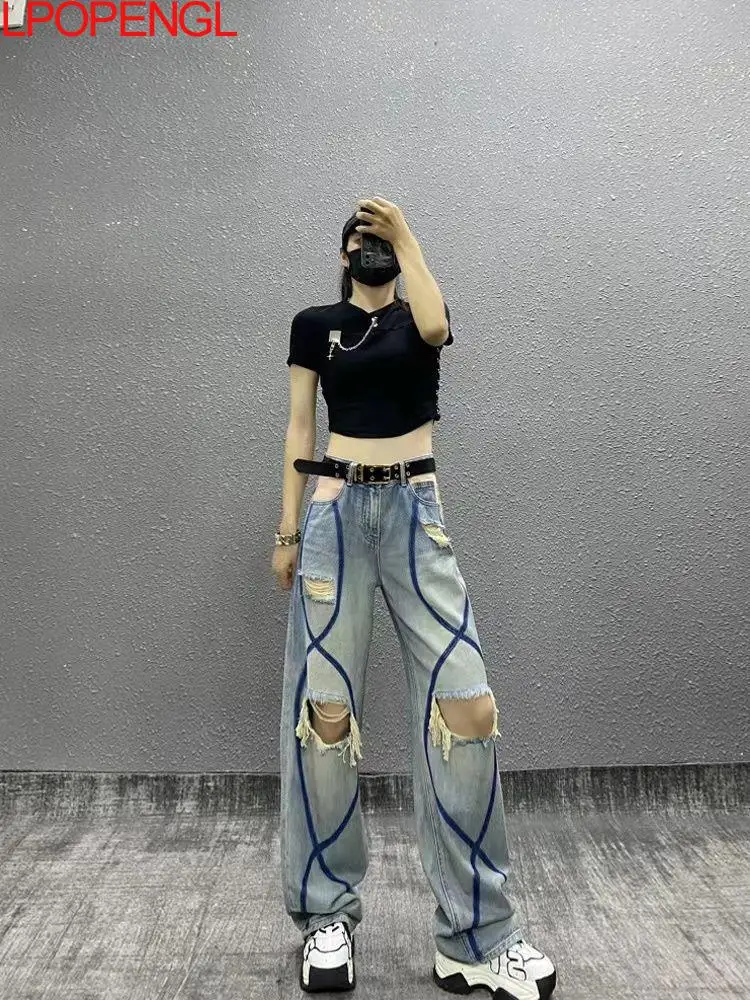 

2026 New Broken Hole Contrasting Color Lines Trendy Denim Straight Pants Women's Light Colored High Waisted Cool Wide Leg Jeans